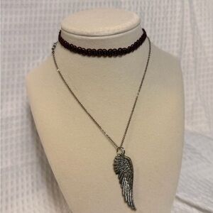 Silver Wing Pendant Necklace and Plum Choker Set